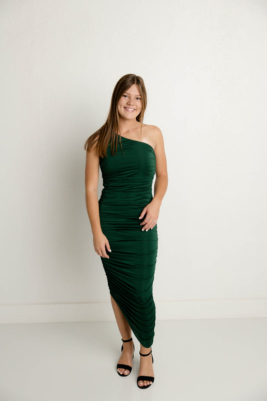 Asymmetrical Dress in Hunter Green