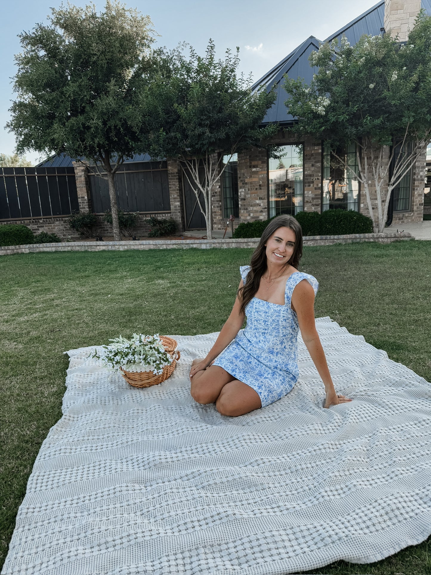 Blue Floral Pleated Dress (100% Cotton)