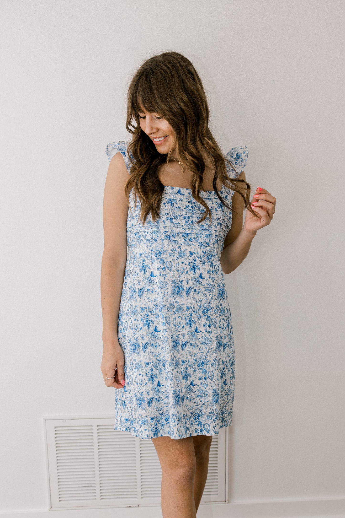 Blue Floral Pleated Dress (100% Cotton)