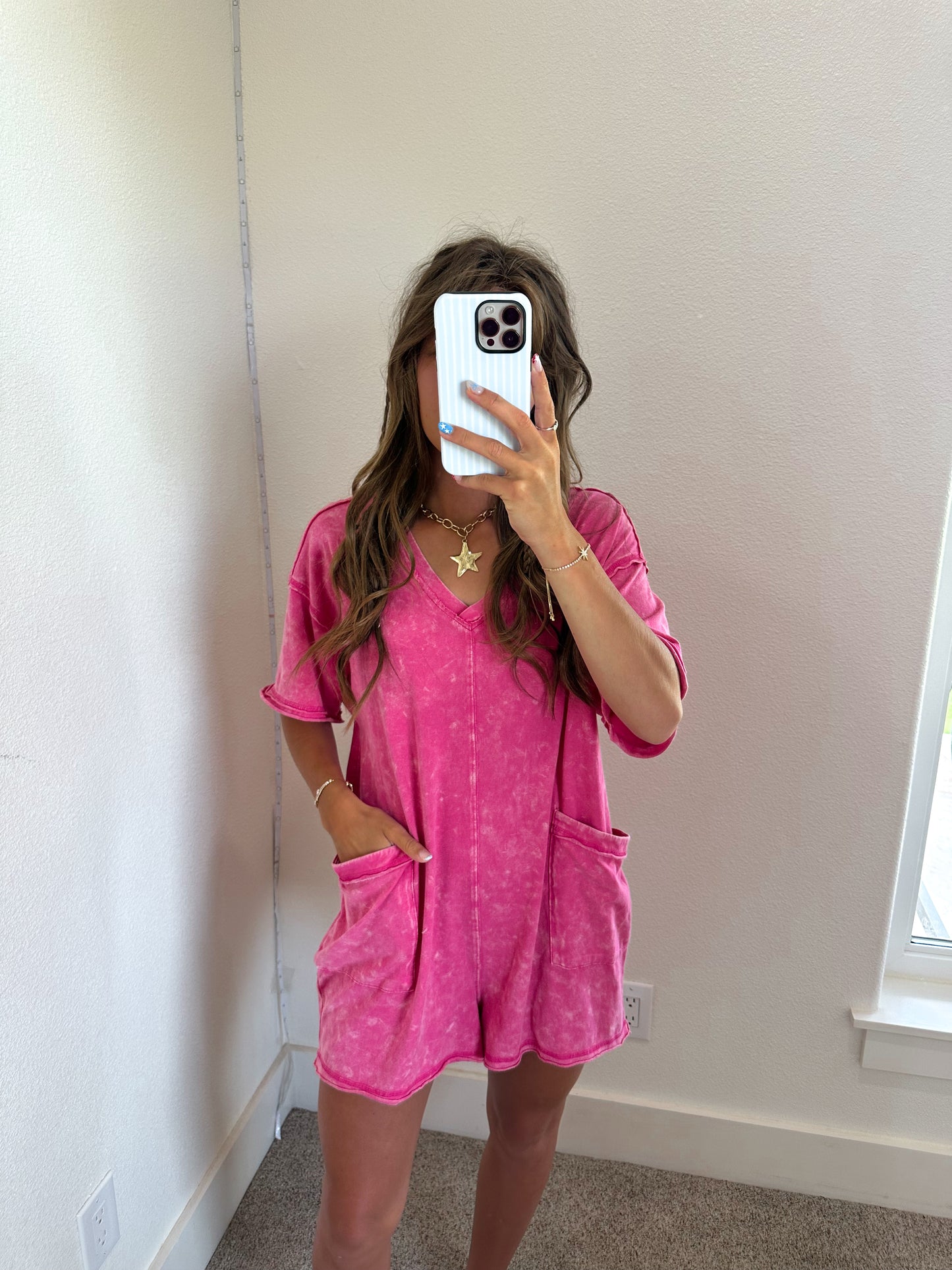 Mineral Washed Romper in Pink
