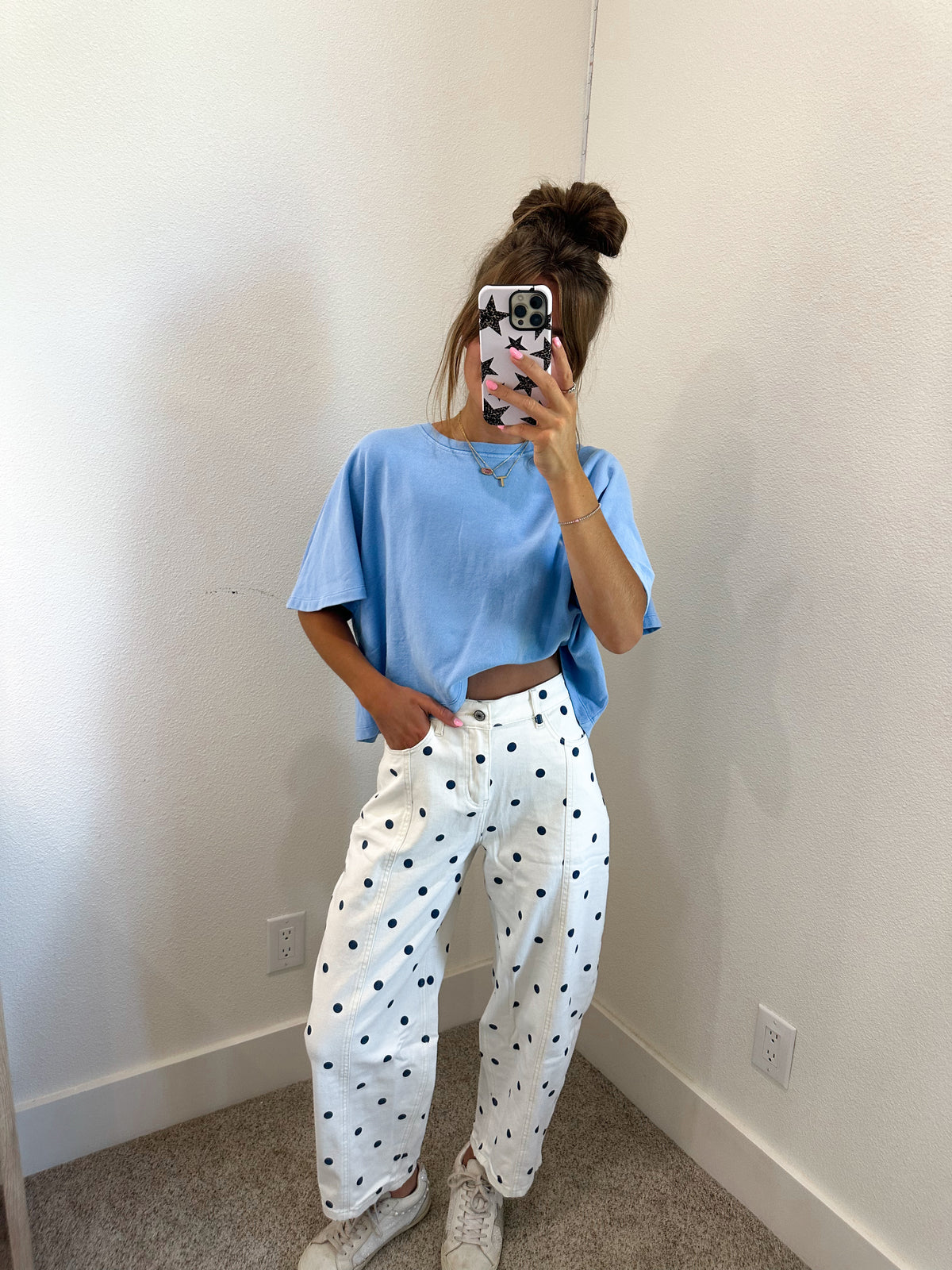 Blue Polka Dot Barrel Jeans