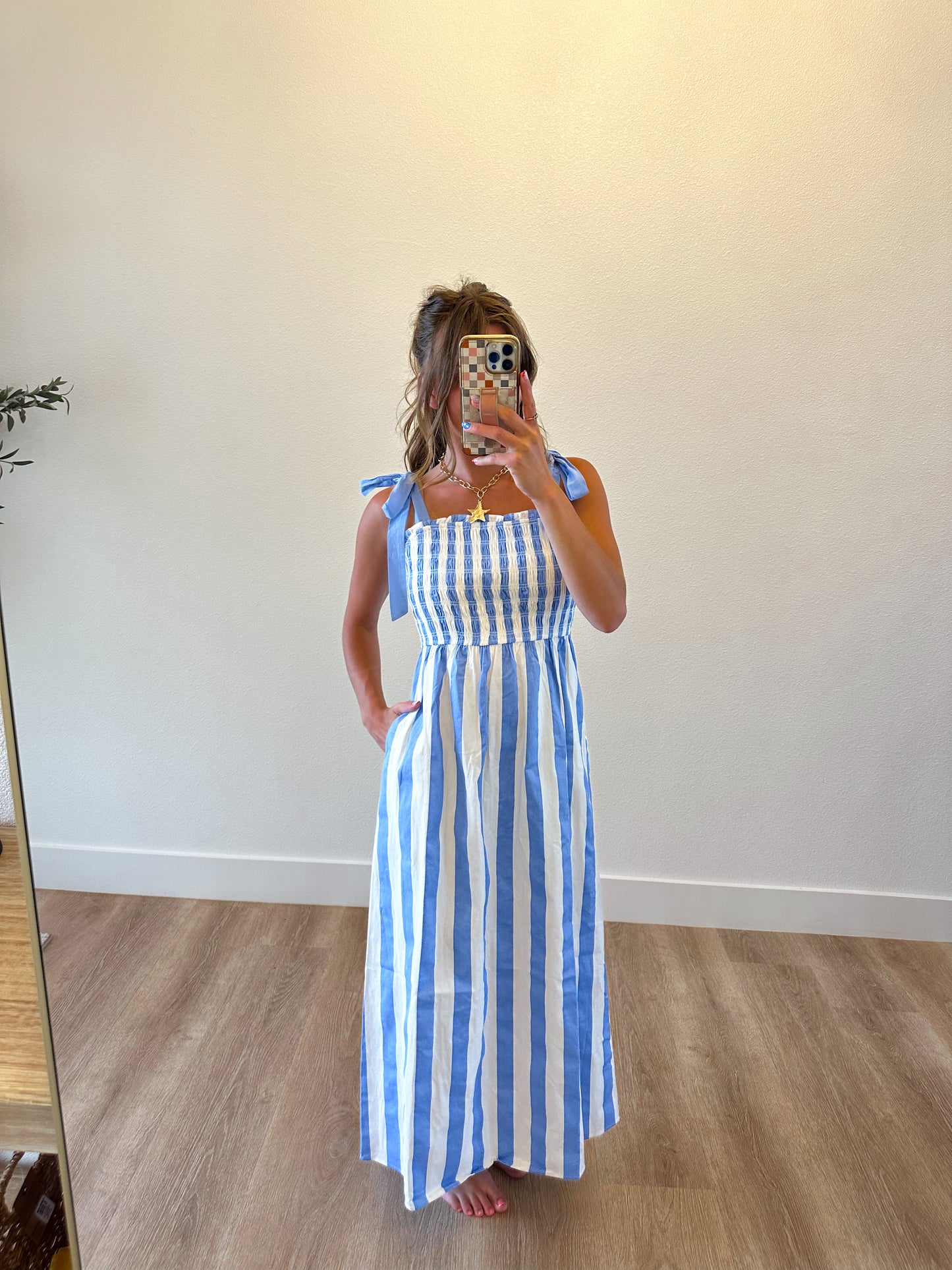 White & Sky Smocked Midi Dress