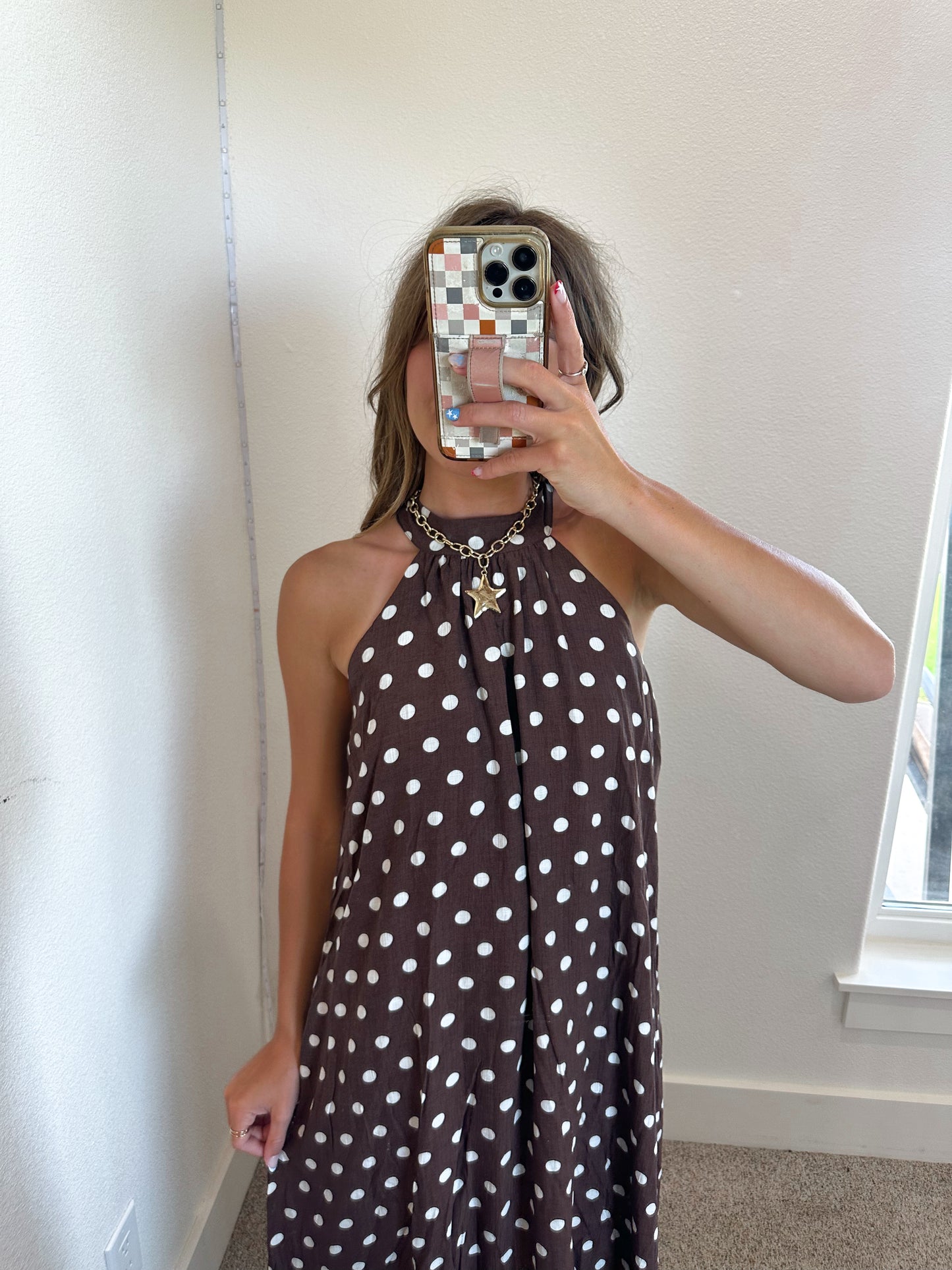 Brown Polka Dot Halter Maxi Dress