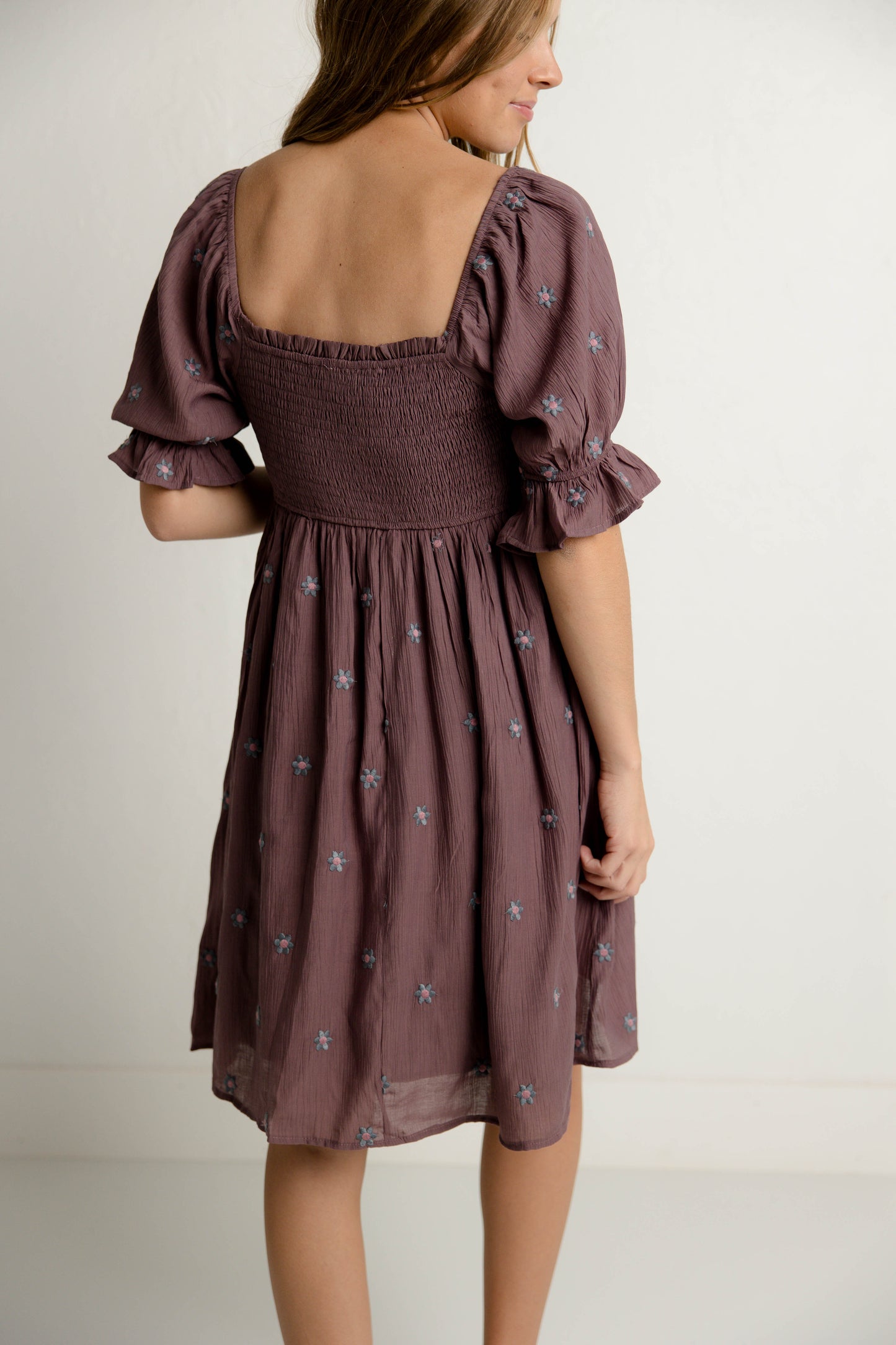 Embroidered Midi Dress in Eggplant