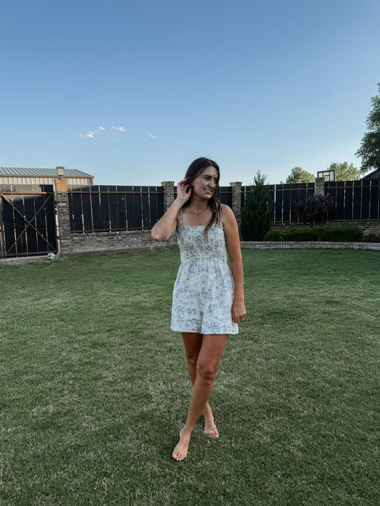 Blue Floral Gauze Romper (100% Cotton)