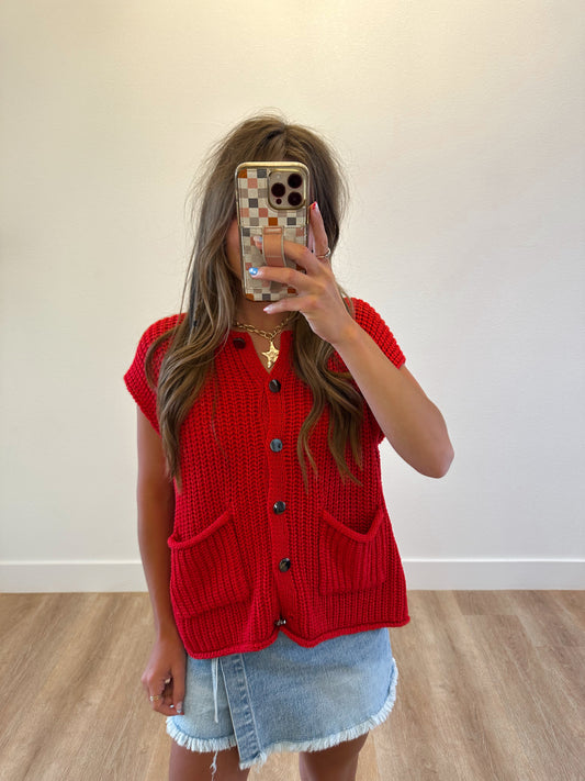 Button Front Sweater in Red