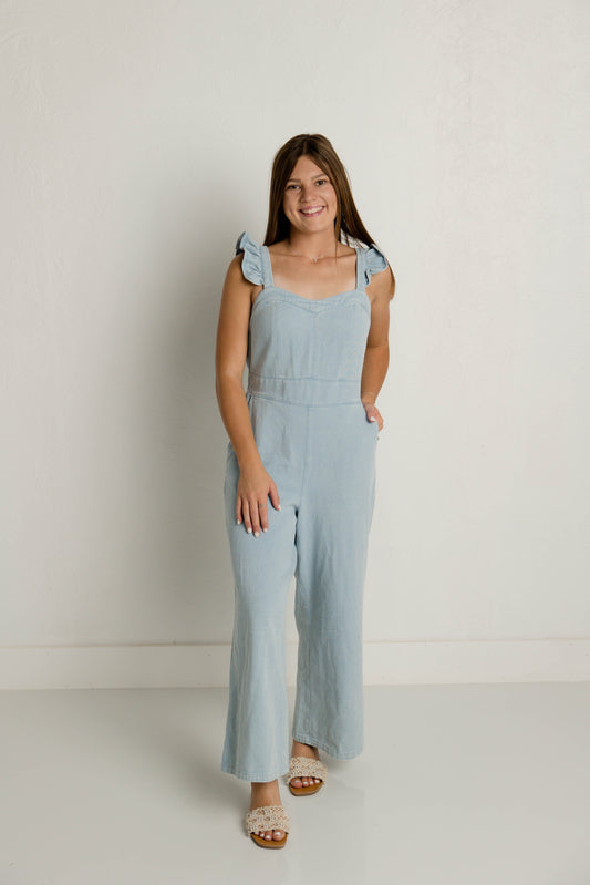 Denim Ruffle Strap Jumpsuit