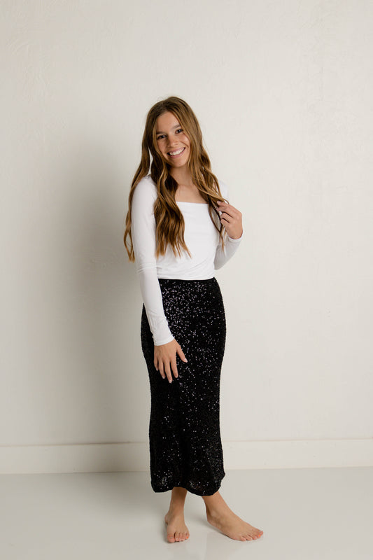 Sequin Midi Skirt in Black