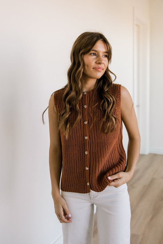 Button Front Sweater in Brick